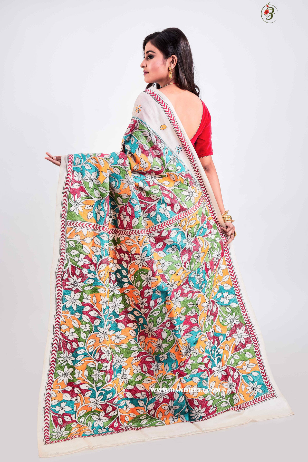 Kantha Stitch Reverse floral Tussar Saree